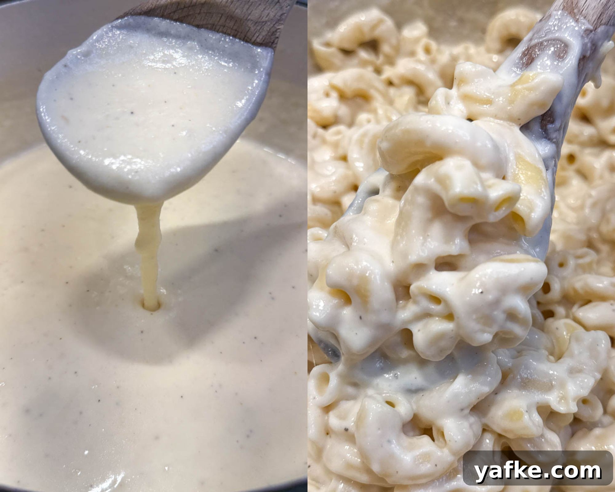 Southern Soul Food Baked Mac and Cheese Recipe 9 Split photo showing creamy cheese sauce on a wooden spoon dripping back into a pot, and cooked elbow macaroni coated in thick cheese sauce.