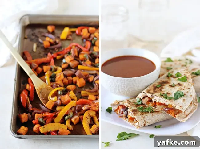 Plenty of veggies, spices, black beans and of course cheese make these roasted vegetable quesadillas a weeknight staple! A simple vegetarian recipe that can double as an appetizer! A tray of roasted vegetables, plus Vegetarian Quesadillas on a white plate.
