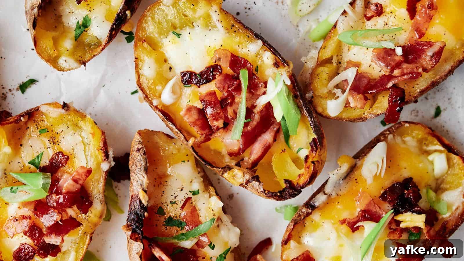 21 Fall Snacks I Tried: 9 Keepers 17 Close-up of loaded potato skins topped with melted cheese, bacon bits, and sliced green onions on a white background.