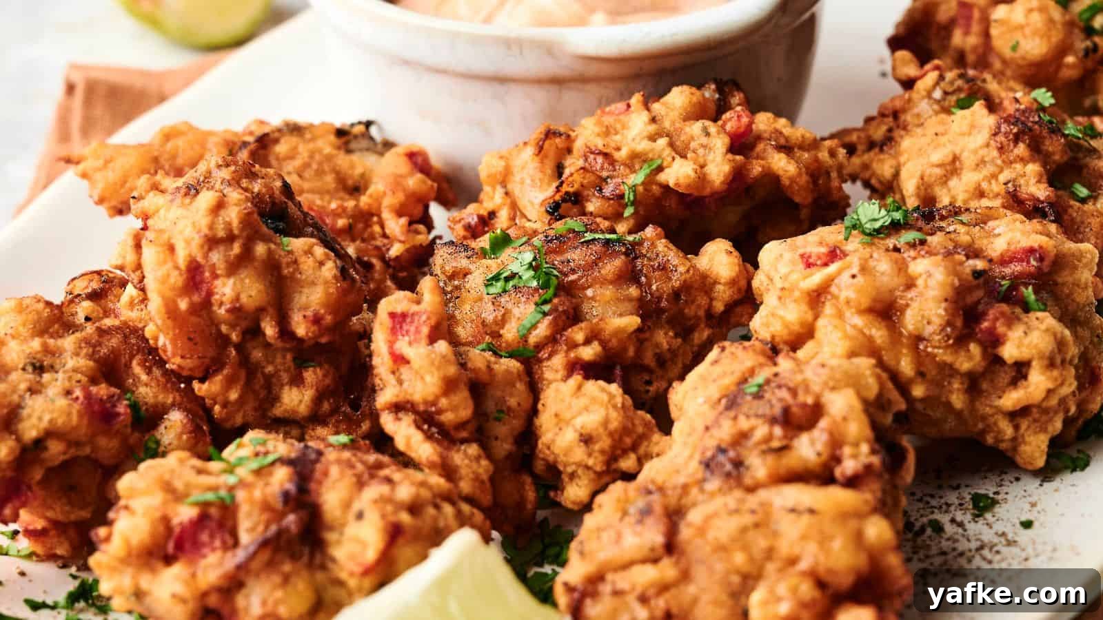 21 Fall Snacks I Tried: 9 Keepers 2 A plate of golden-brown fritters garnished with chopped herbs, served with a dipping sauce and a wedge of lemon.