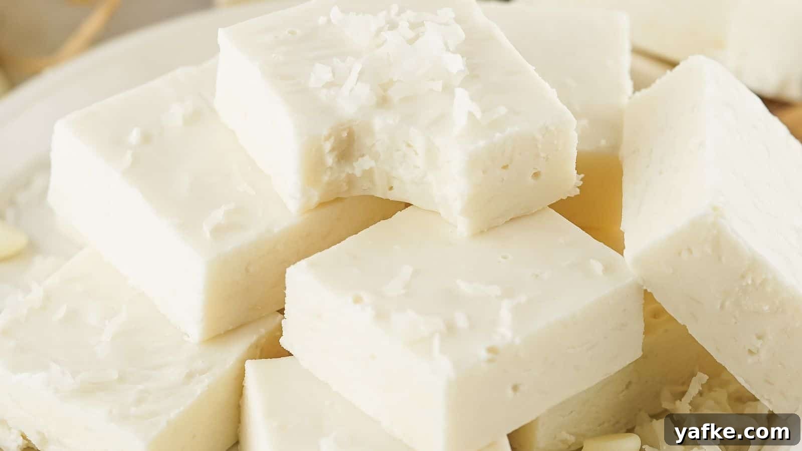 21 Fall Snacks I Tried: 9 Keepers 3 A stack of white, square-shaped fudge pieces with a creamy texture are arranged on a plate, some with coconut flakes on top.