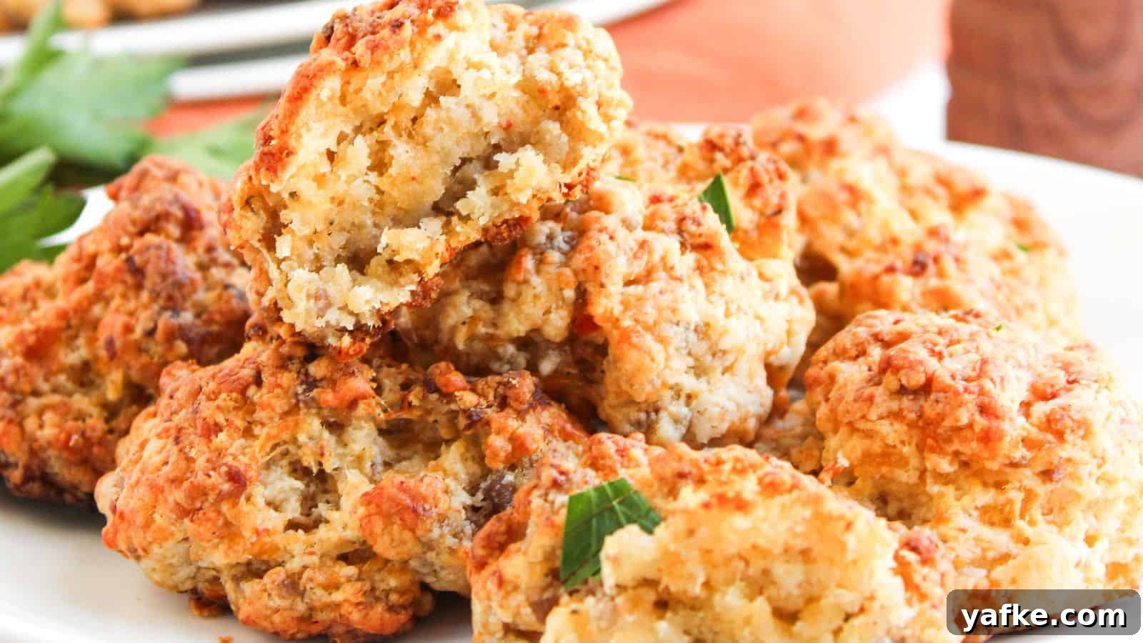 21 Fall Snacks I Tried: 9 Keepers 6 A plate of golden-brown, cheesy sausage balls stacked on top of each other, with one ball partially broken to show the inside texture.
