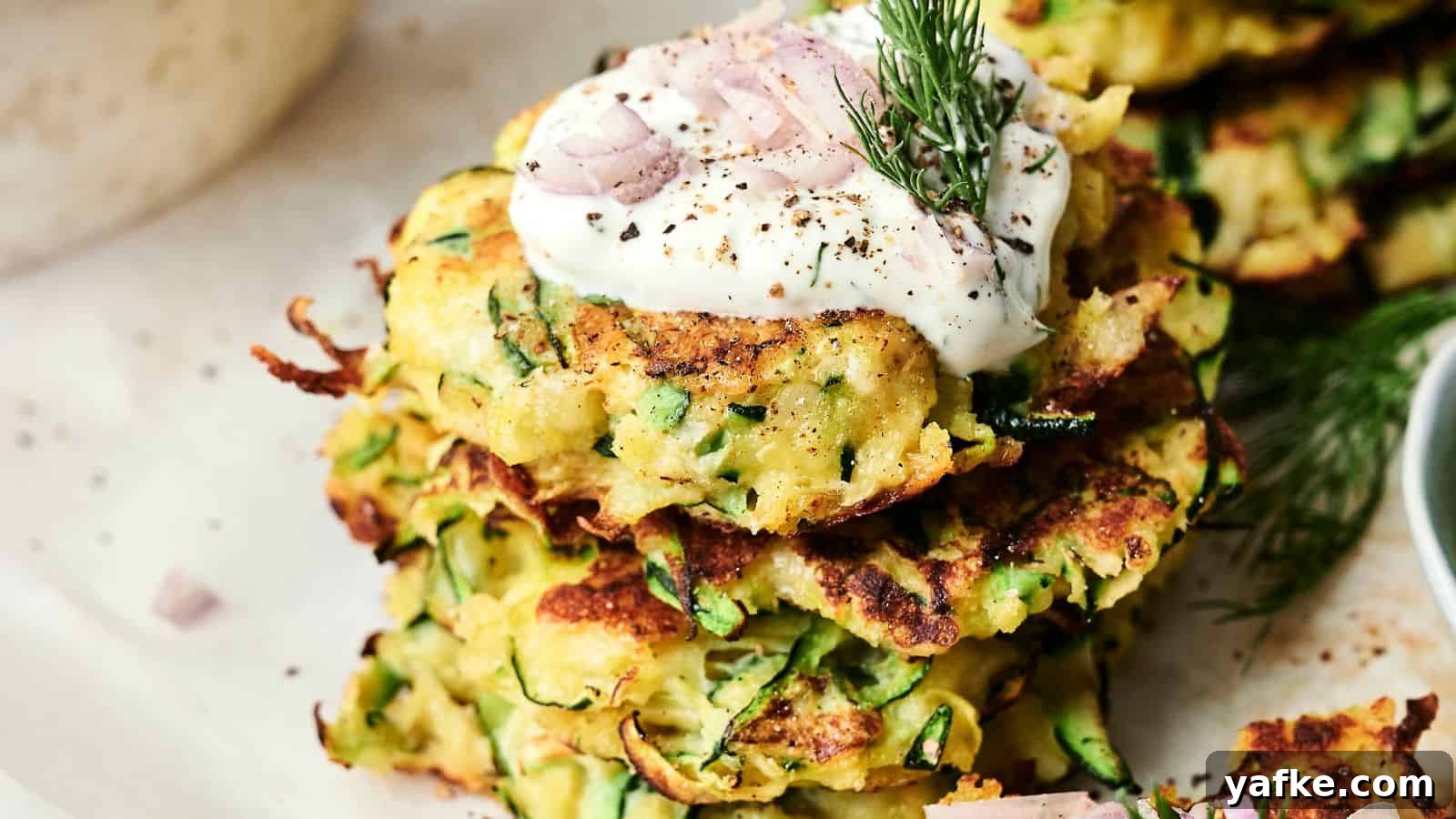 21 Fall Snacks I Tried: 9 Keepers 8 A stack of zucchini fritters topped with sour cream, thinly sliced shallots, and a sprig of dill.