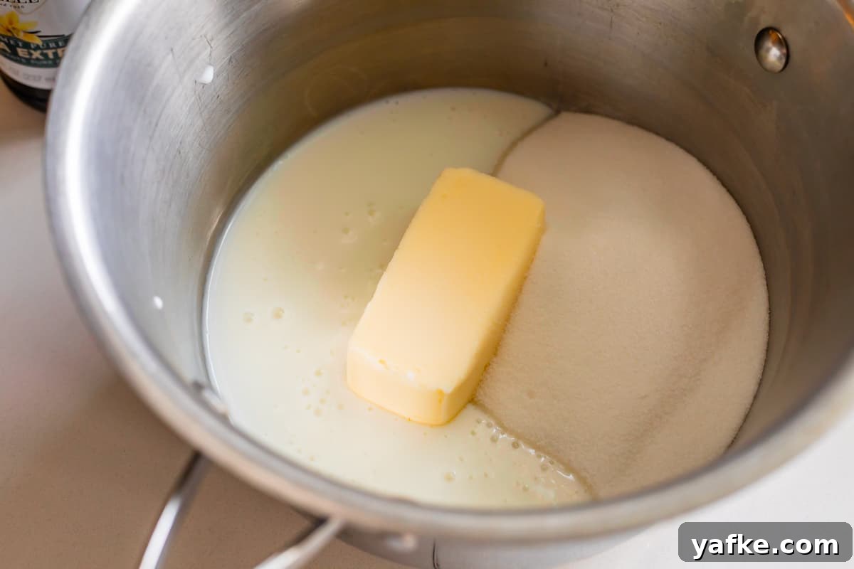 Homemade Buttermilk Syrup for Pancakes and Waffles 6 buttermilk, butter, and sugar in a metal pot.