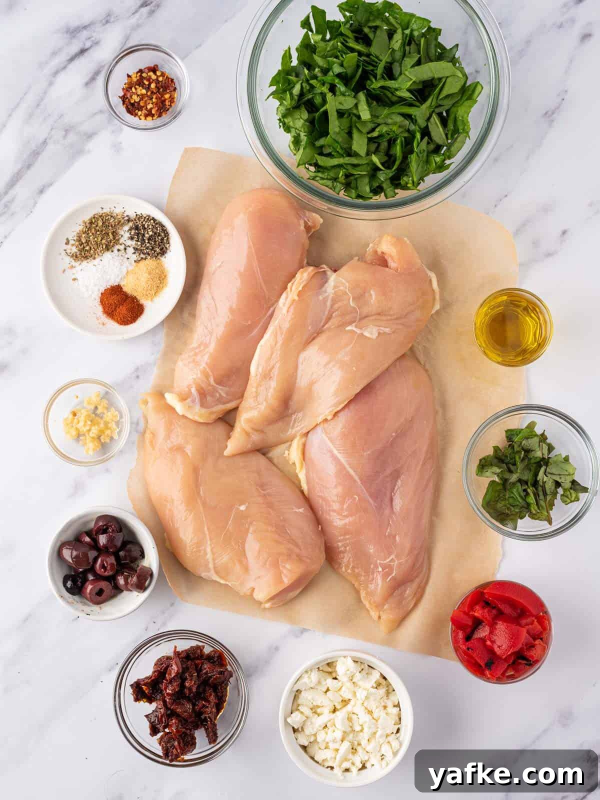 Mediterranean Stuffed Chicken Breast with Spinach and Feta 2 Ingredients needed to make Mediterranean stuffed chicken breasts.
