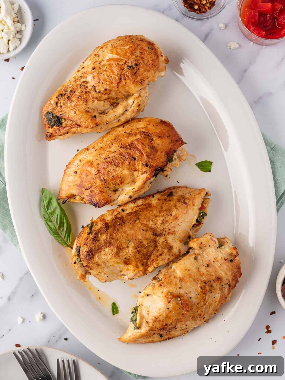 Mediterranean Stuffed Chicken Breast with Spinach and Feta 7 A platter of Mediterranean stuffed chicken.