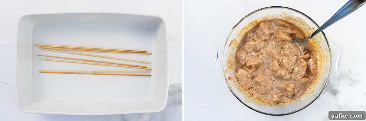 Oven-Baked Greek Chicken Kabobs Recipe 3 Collage of 2 images showing overheads of wooden skewers in a white baking dish with wooden skewers on a marble background and then a clear bowl with marinated chicken cubes in it.