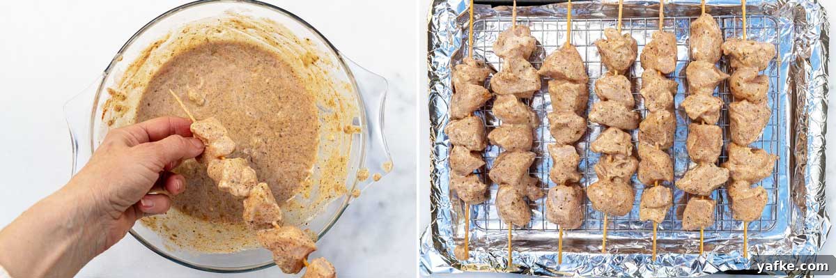 Oven-Baked Greek Chicken Kabobs Recipe 4 A collage of two images showing someone threading marinated chicken onto skewers over a bowl of the marinade, and then seven skewers lined up on a foil lined baking pan.