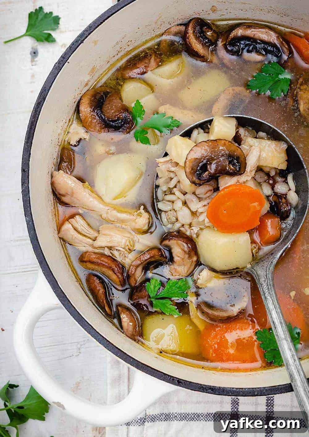 Polish Krupnik: Chicken, Barley and Mushroom Soup 2 A close up of the krupnik soup with barley, mushrooms, and vegetables in a pot with a ladle.