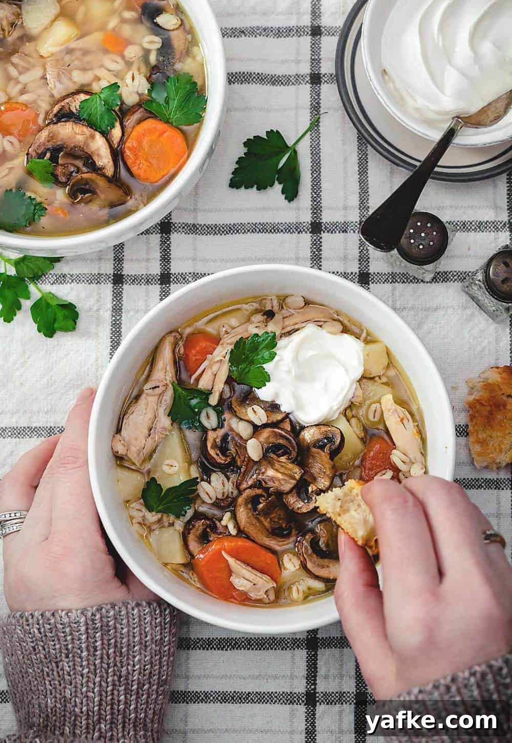 Polish Krupnik: Chicken, Barley and Mushroom Soup 7 A person holding a bowl with Polish krupnik soup and dipping bread.