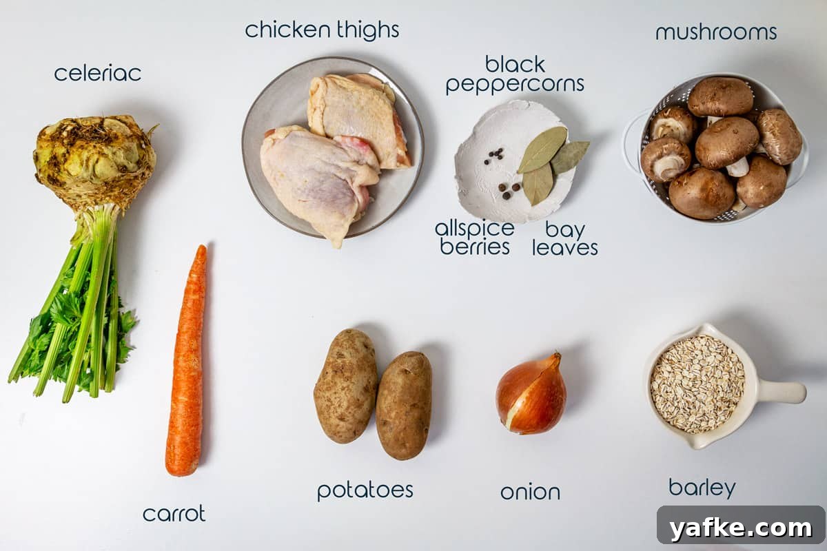 Polish Krupnik: Chicken, Barley and Mushroom Soup 3 Ingredients for Polish soup with chicken, vegetables, and barley on a table.