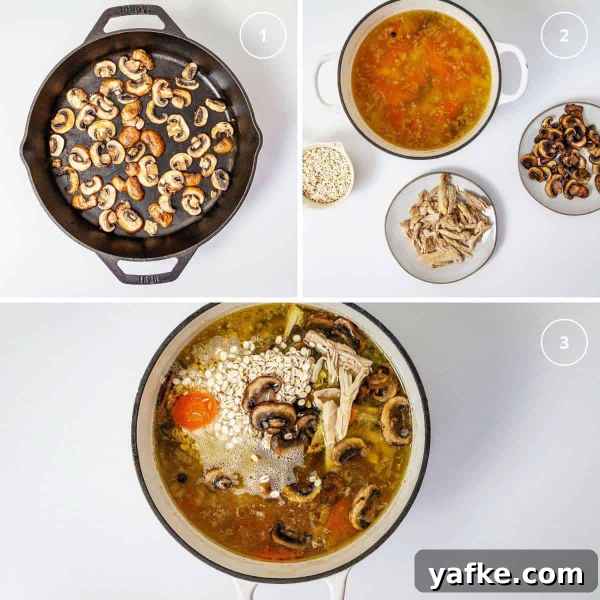 Polish Krupnik: Chicken, Barley and Mushroom Soup 5 Skillet with mushrooms and pot with two more steps to finish the chicken barley soup.