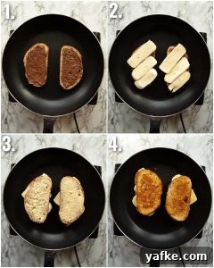 4 step by step photos showing how to make a Nutella grilled cheese