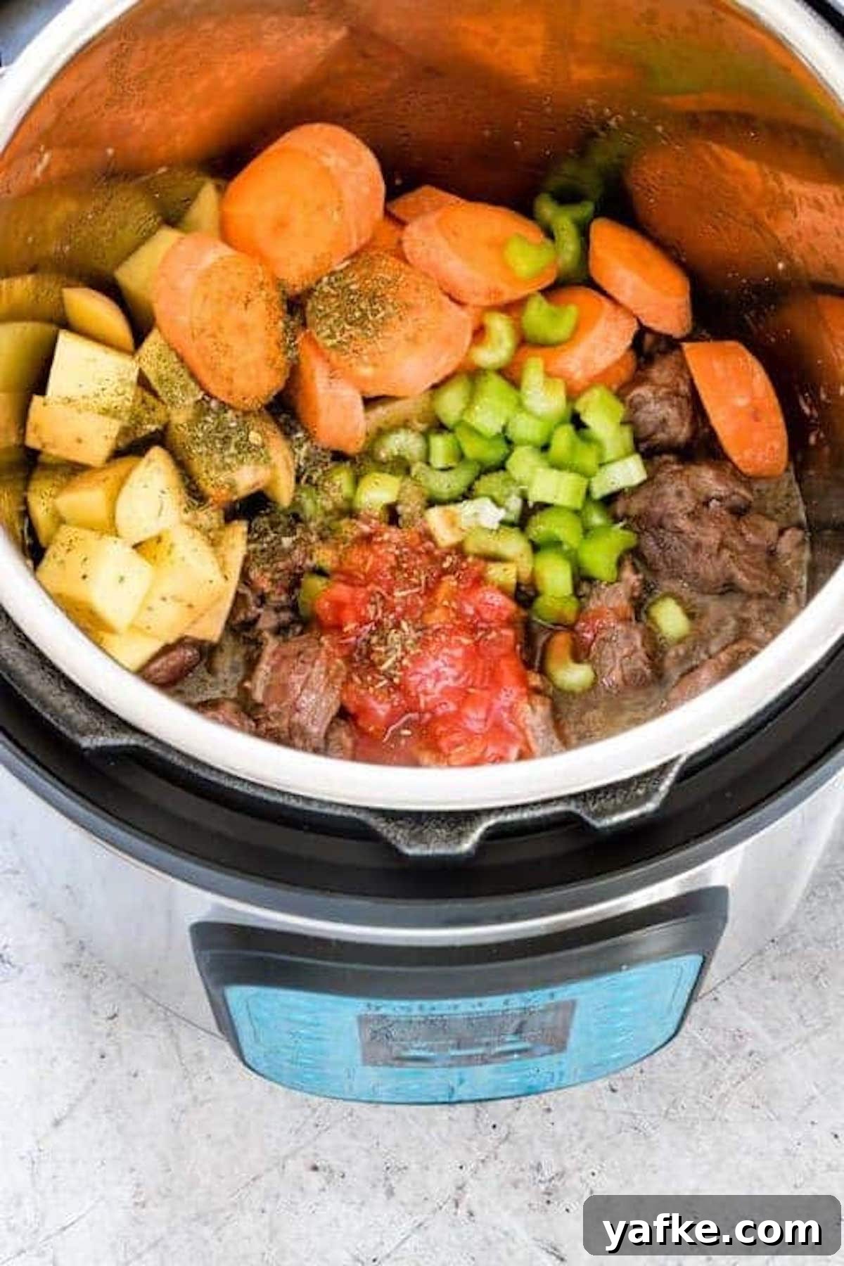 Dump-and-Start Instant Pot Beef Stew 5 top down view of the instant pot beef stew ingredients inside the instant pot
