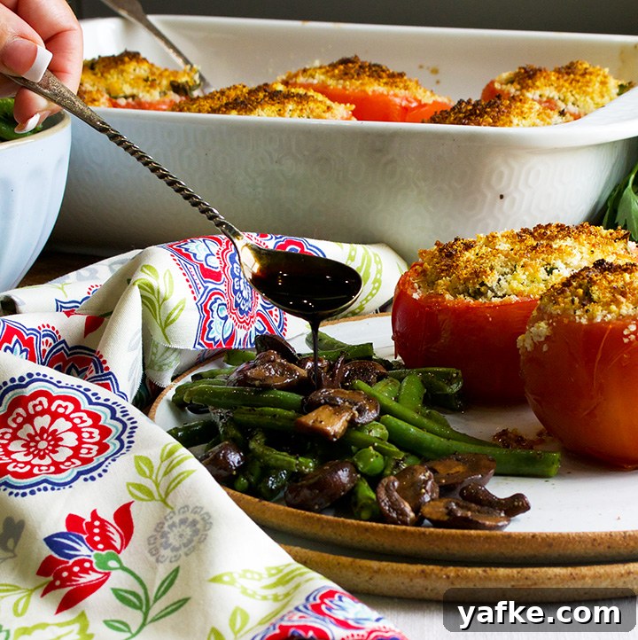 Drizzling balsamic glaze over sautéed vegetables