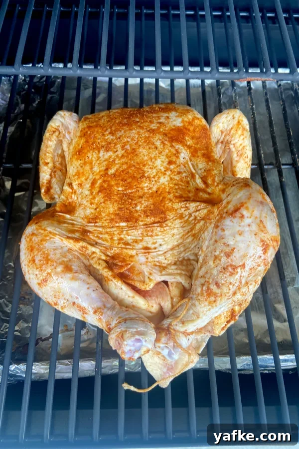 How to Smoke a Whole Chicken for Juicy Smoky Flavor 3 tips of wings tucked and legs tied