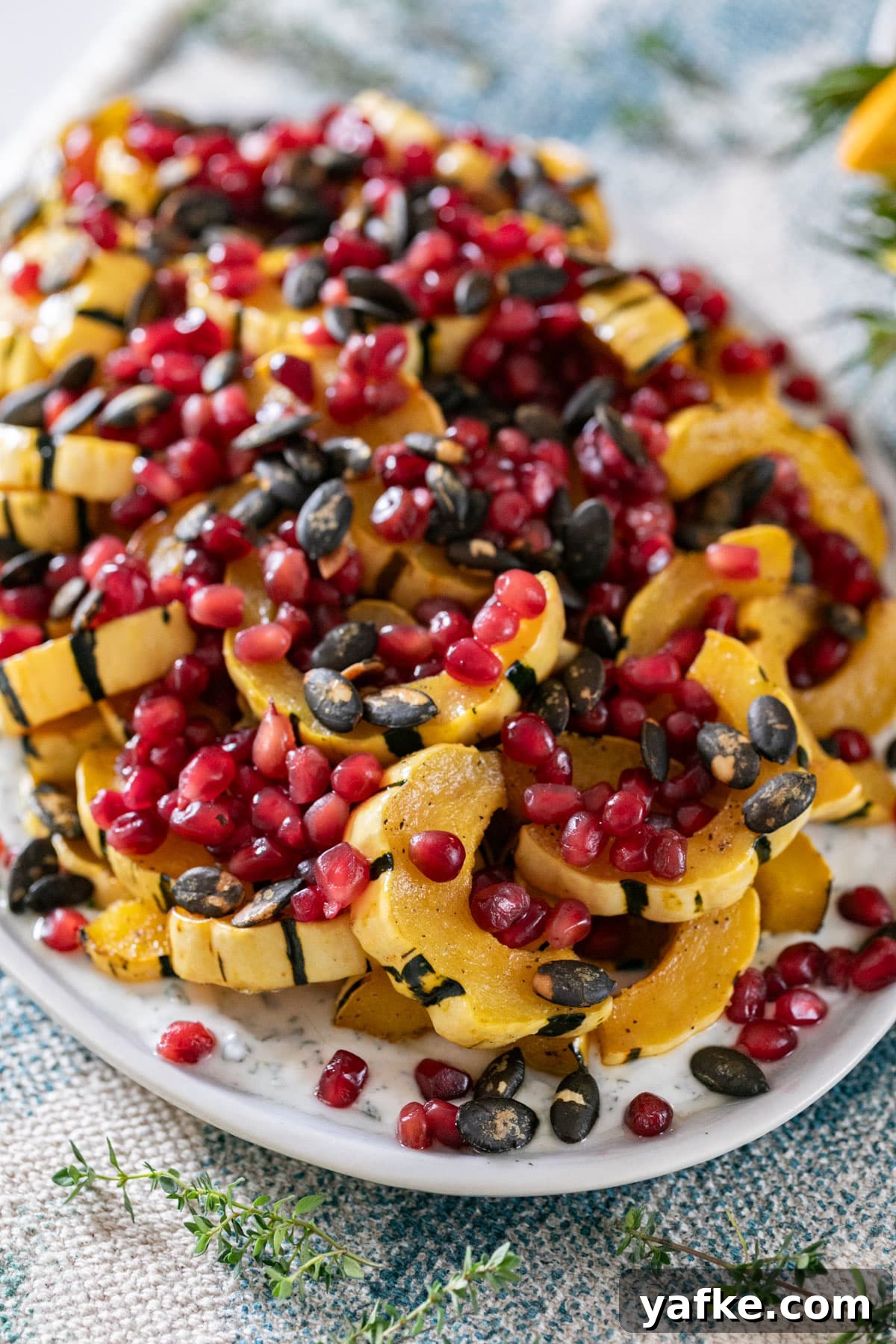 Roasted Delicata Squash with Herbed Yogurt Recipe 2 A side angle shot of Delicata squash with pomegranates and pepitas on top of it.