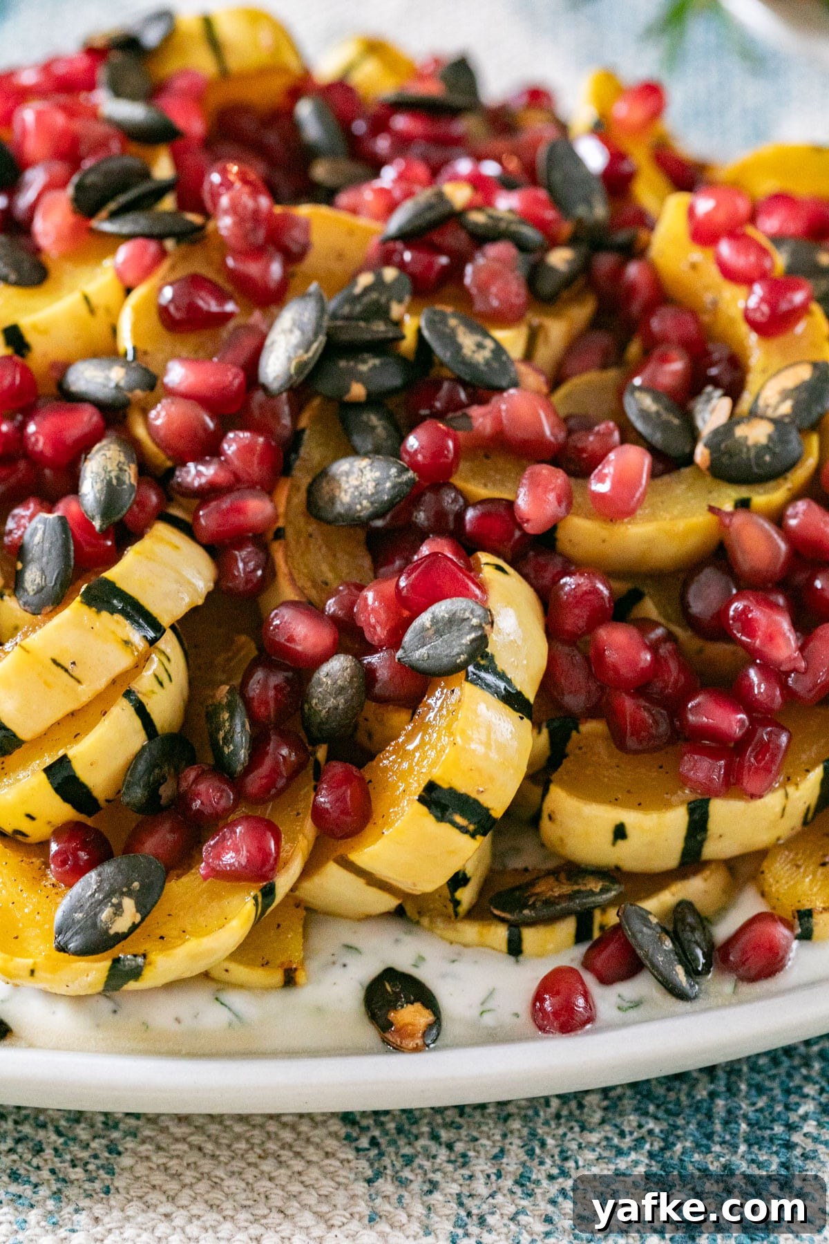 Roasted Delicata Squash with Herbed Yogurt Recipe 10 A close up image of the squash with pomegranate seeds and pumpkin seeds on a platter over yogurt.