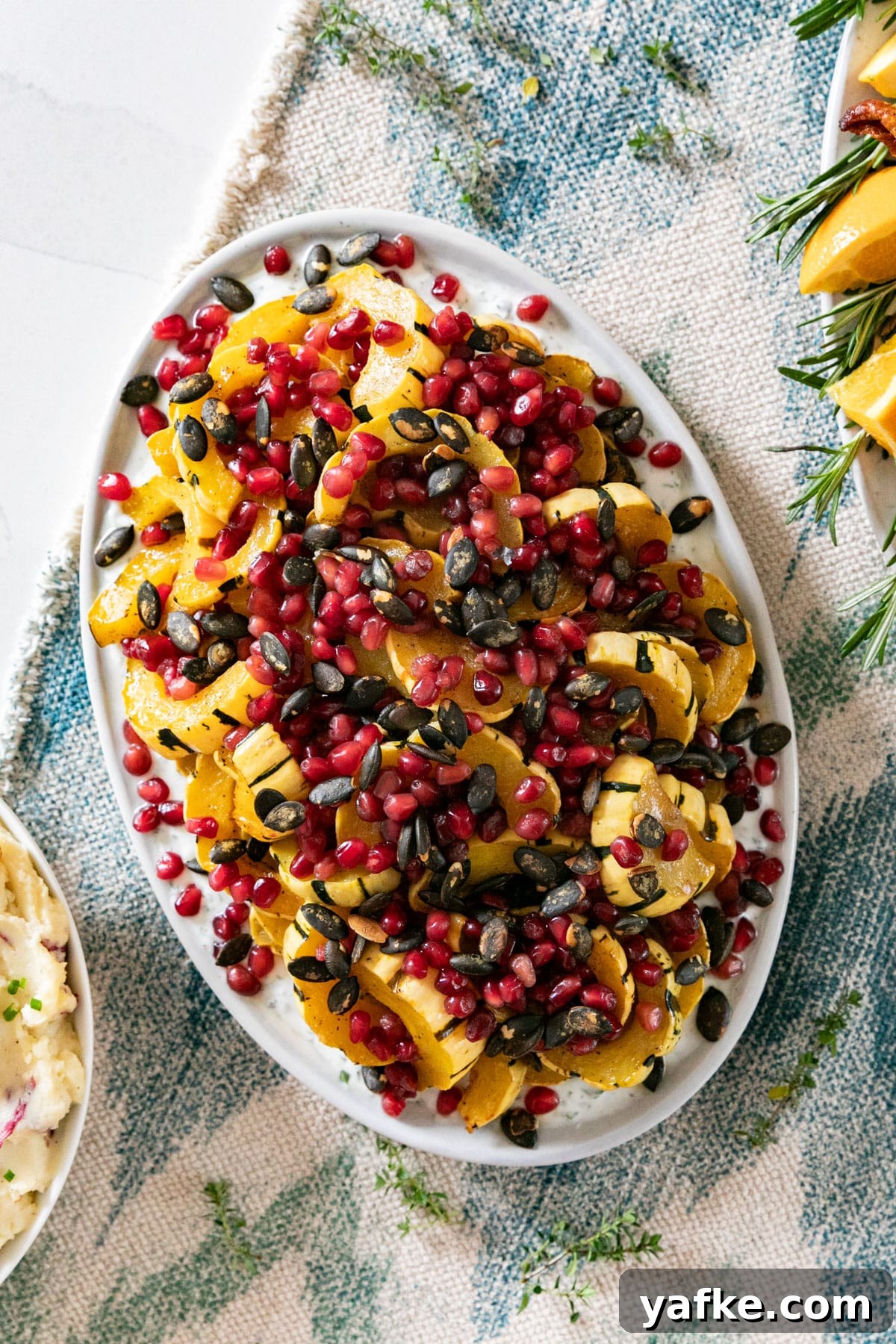 Roasted Delicata Squash with Herbed Yogurt Recipe 3 Overhead image of delicata squash with pomegranate arils and pepitas on an oval plate.