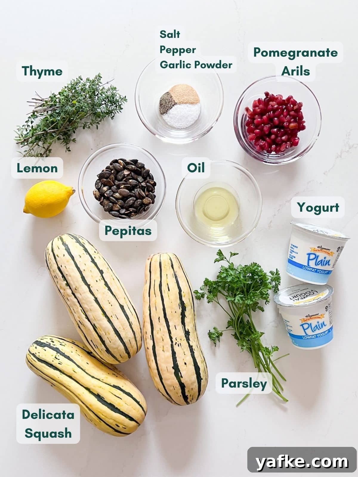 Roasted Delicata Squash with Herbed Yogurt Recipe 4 An overhead image of labeled ingredients in glass bowls.