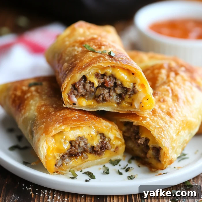 Crispy Cheeseburger Egg Rolls Recipe 3 Close-up of cheeseburger egg roll