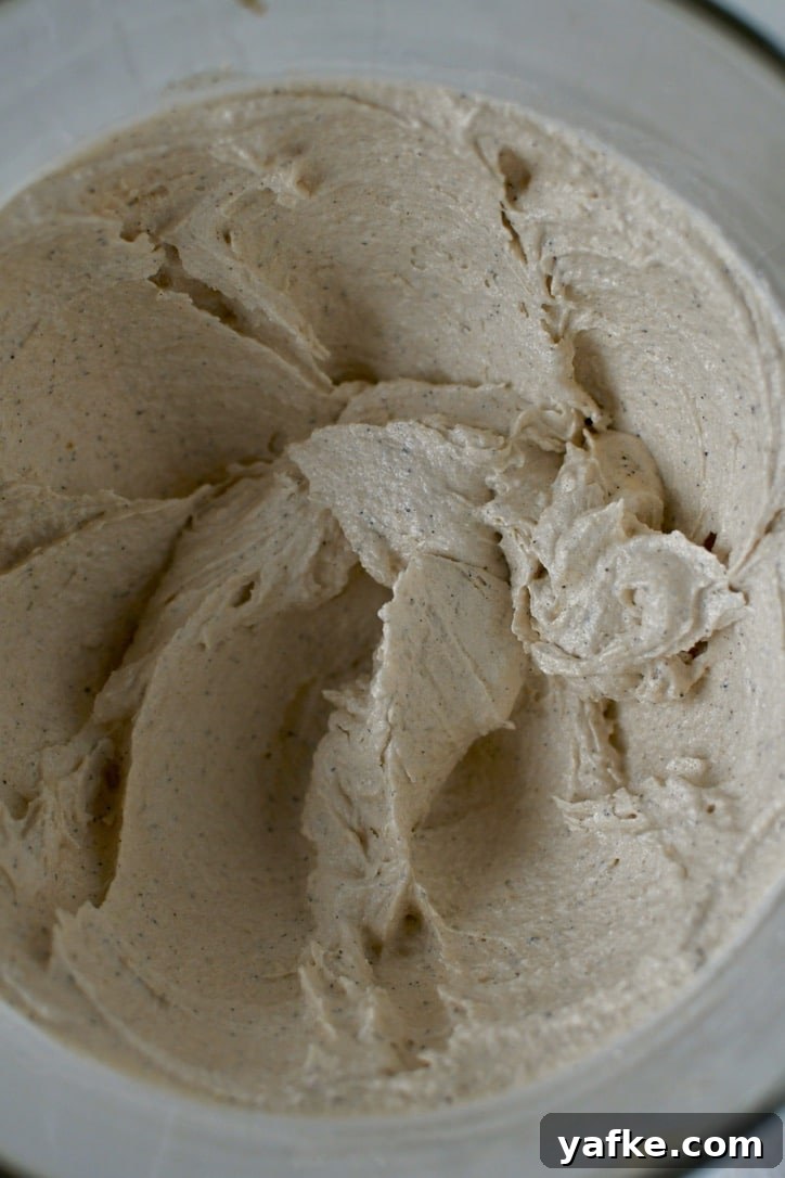 Creamed brown butter and sugars in the stand mixer bowl.