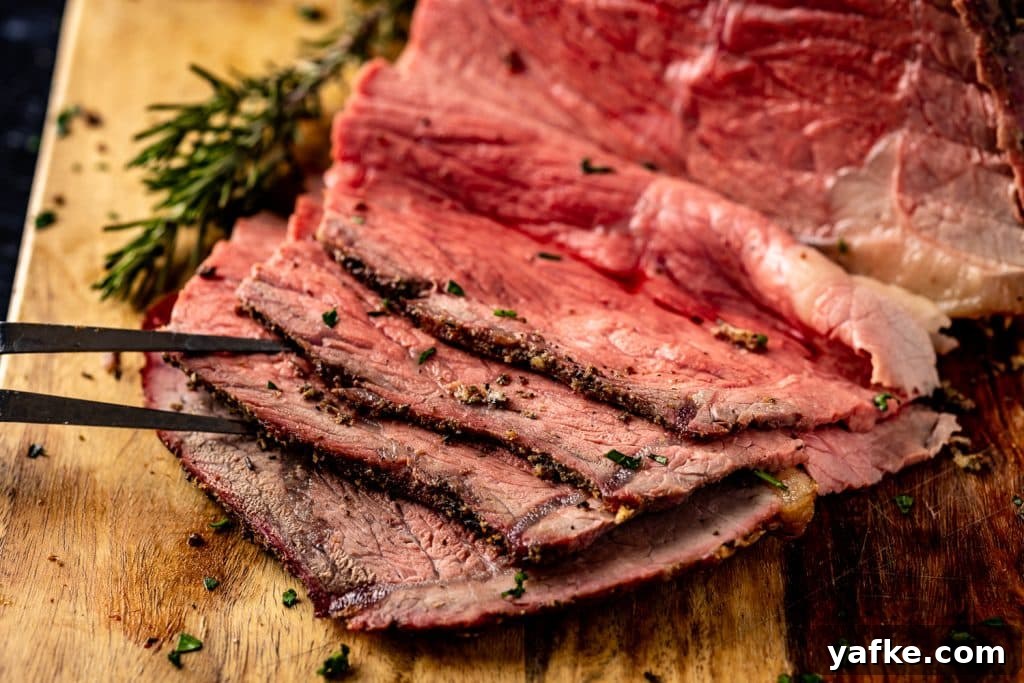 Smoked Bottom Round Roast with Garlic and Herbs Recipe 6 Sliced smoked bottom round roast on a wooden cutting board.