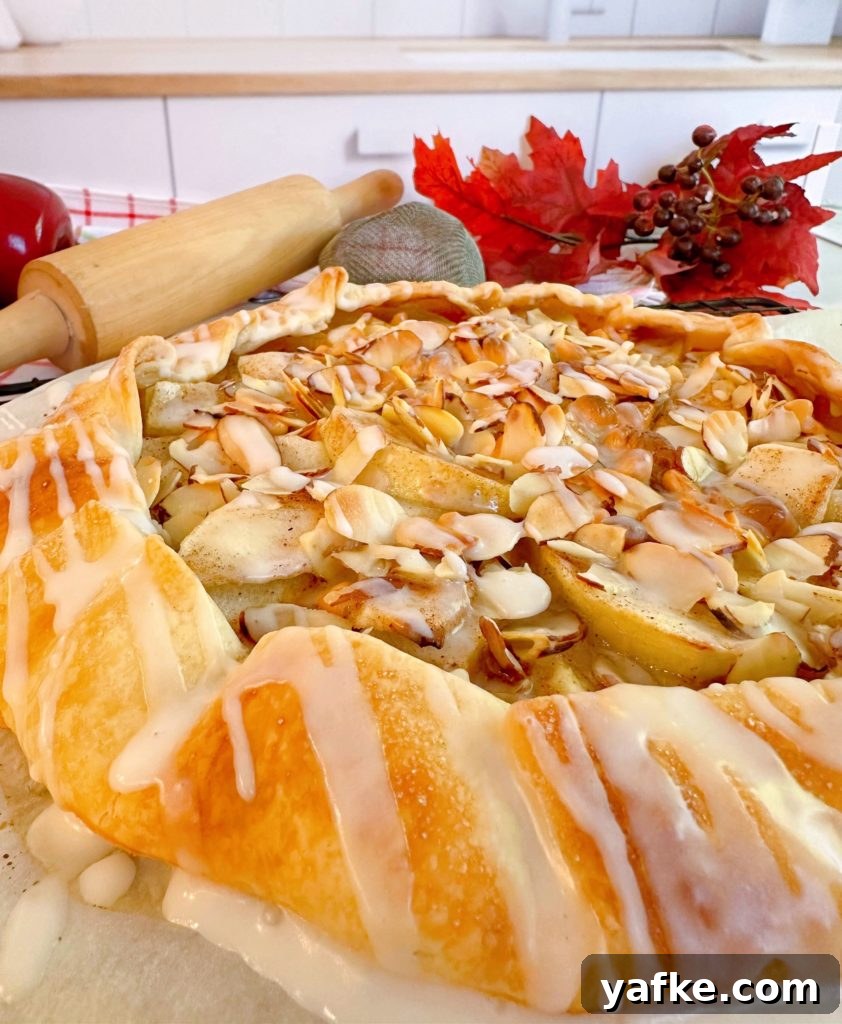 Rustic Apple Almond Galette Recipe with Flaky Crust 15 Up close photo of the baked apple almond galette.