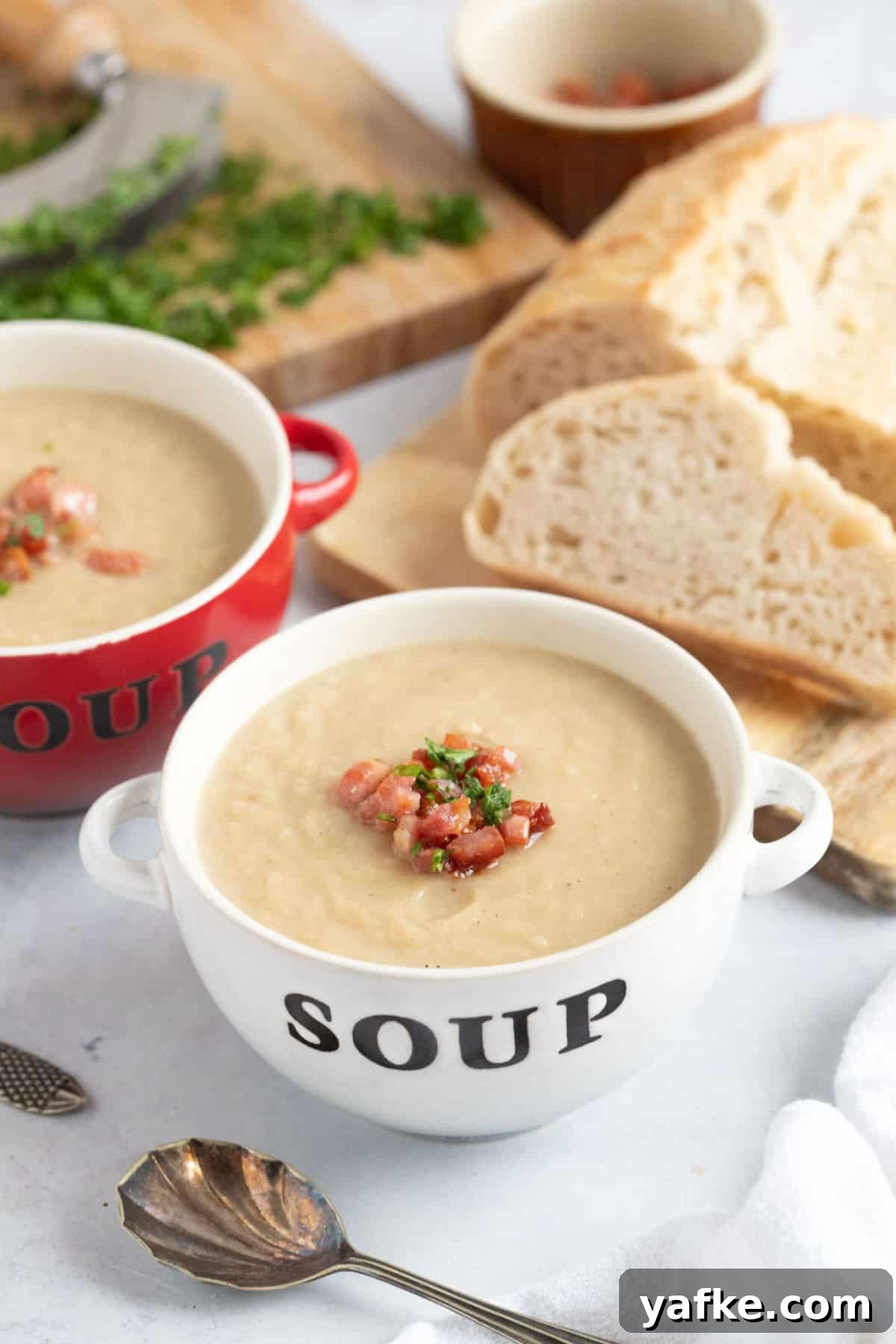 Celeriac and Bacon Soup Recipe for Soup Makers 2 Celeriac soup in a white bowl.