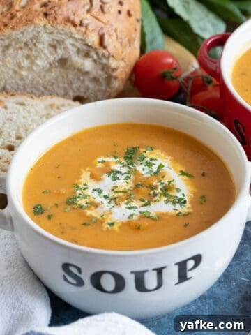 Celeriac and Bacon Soup Recipe for Soup Makers 12 Roasted swede soup in a white soup bowl.