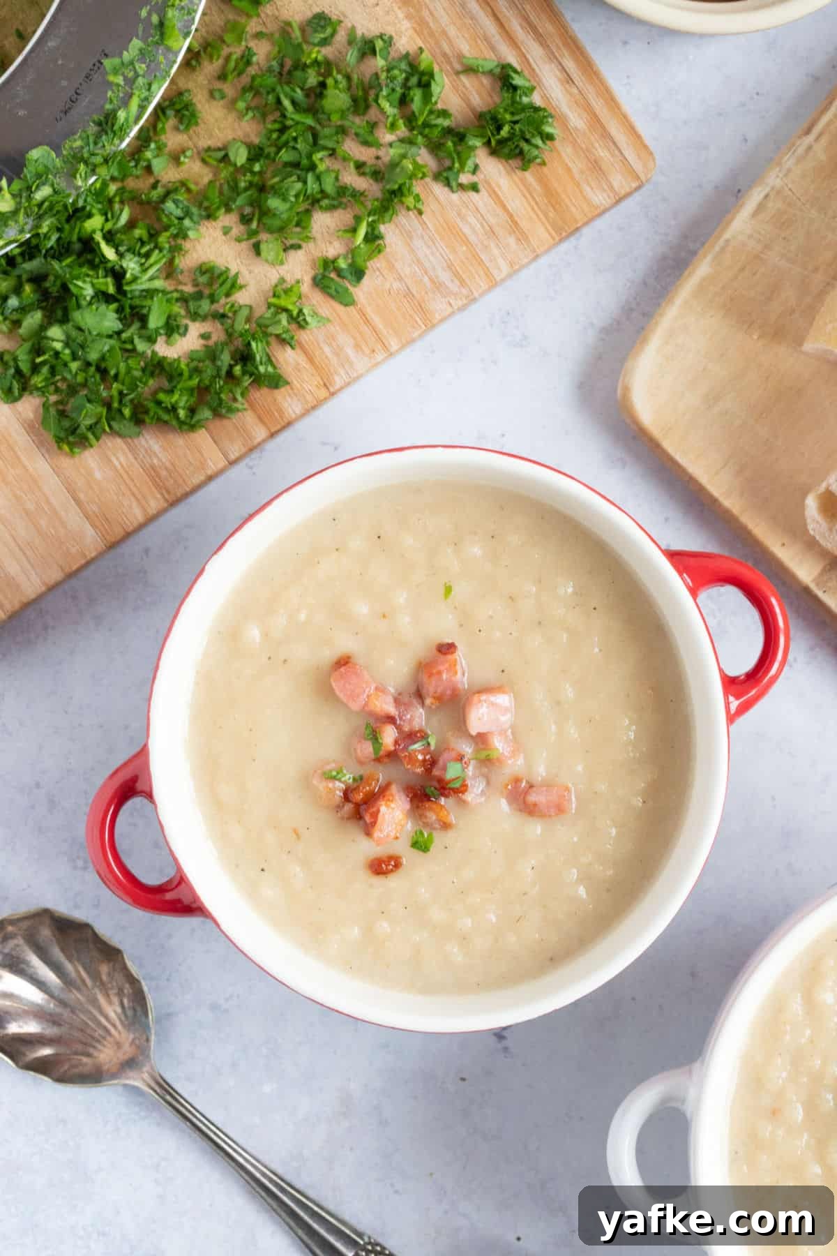 Celeriac and Bacon Soup Recipe for Soup Makers 7 A bowl of celeriac and bacon soup.