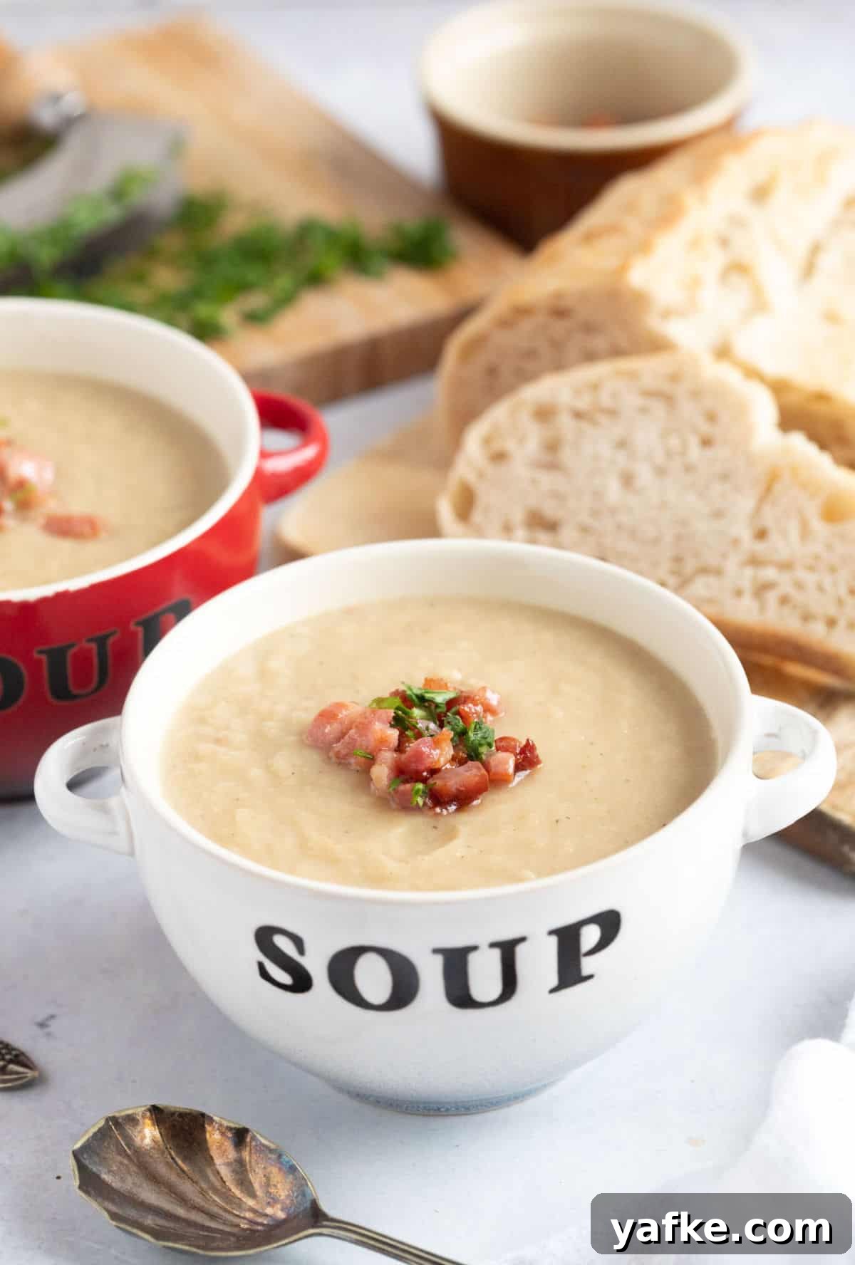 Celeriac and Bacon Soup Recipe for Soup Makers 8 Celeriac and bacon soup in white bowl.