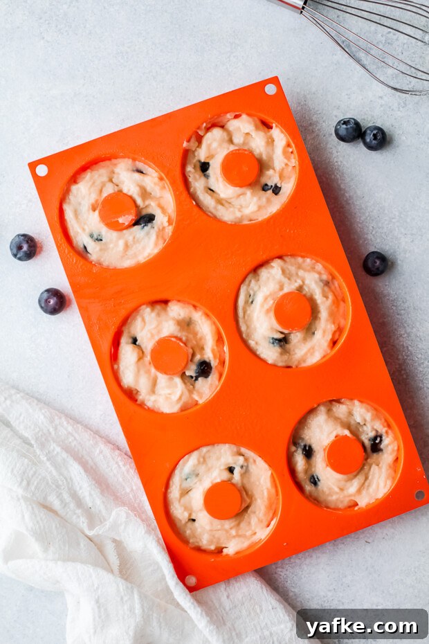 Oven-Baked Blueberry Streusel Donuts Recipe 6 Uncooked donuts in a pan.