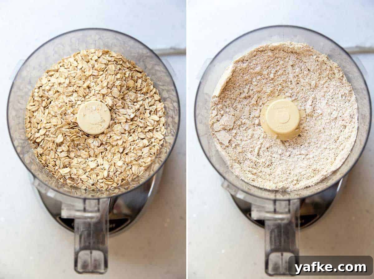 Homemade Pineapple Dog Treats Your Pup Will Love 3 A collage of 2 photos showing how to make oat flour from rolled oats in a food processor.