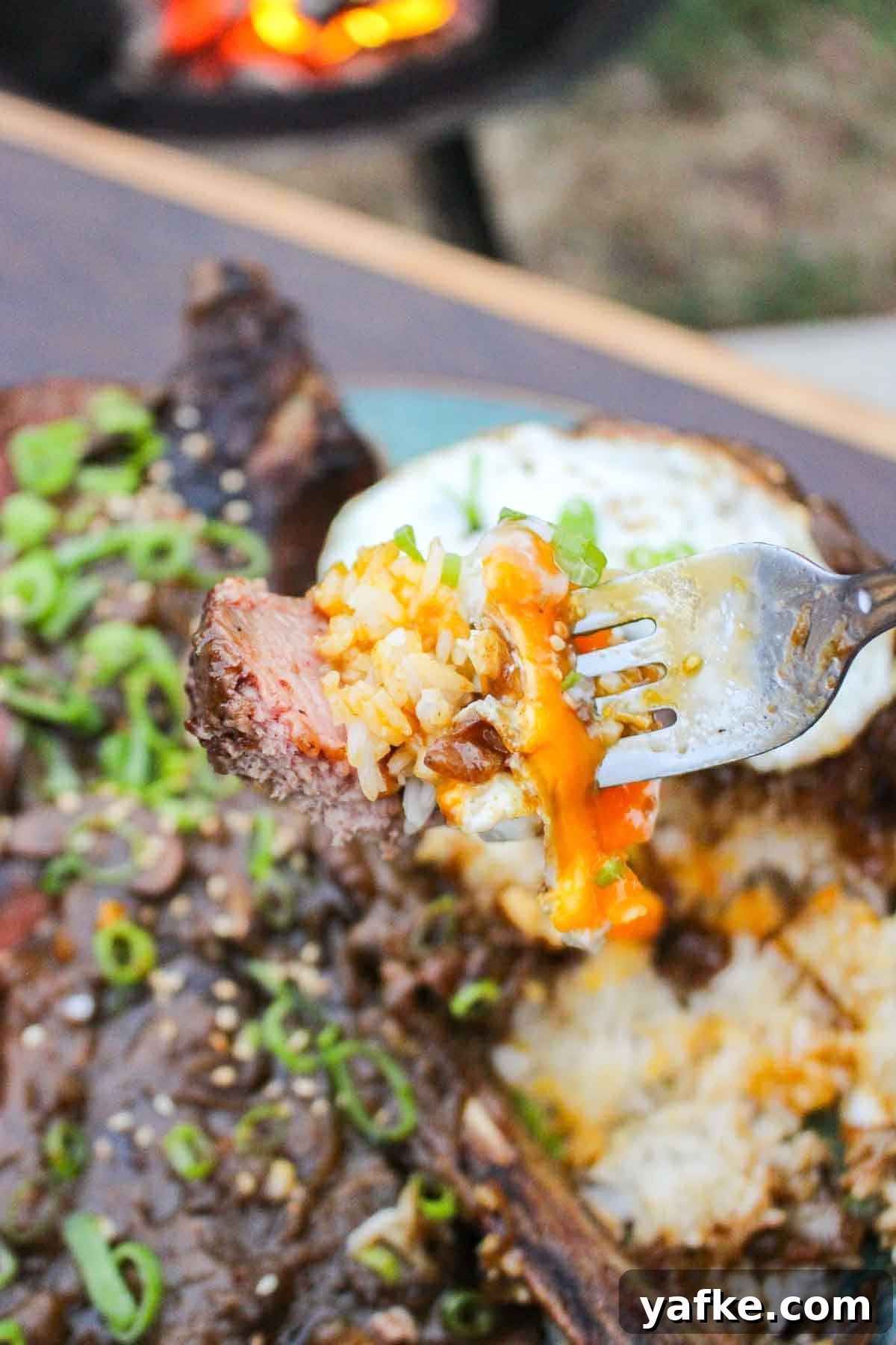 Steak Loco Moco Recipe: Hawaiian Beef Bowl with Gravy and Egg 8 A closeup of the bite: steak, rice, egg, gravy, green onions, and sesame seeds.