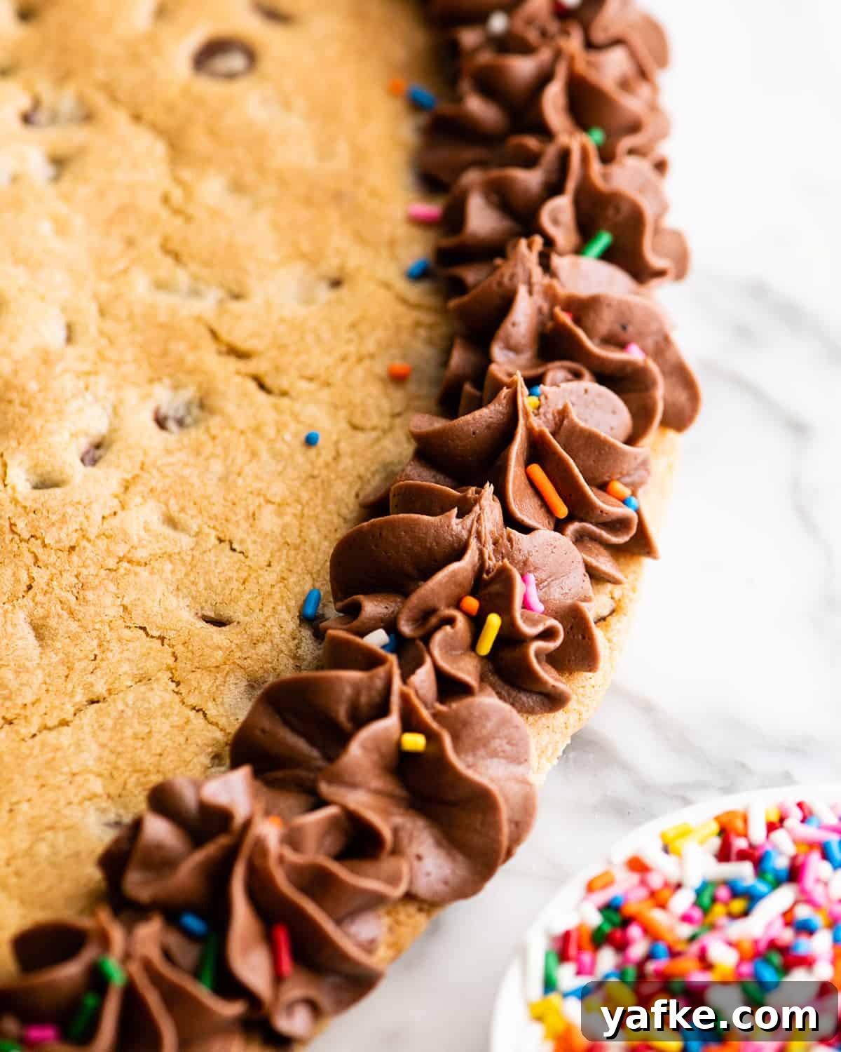 overhead view of chocolate frosting on a Chocolate Chip Cookie Cake