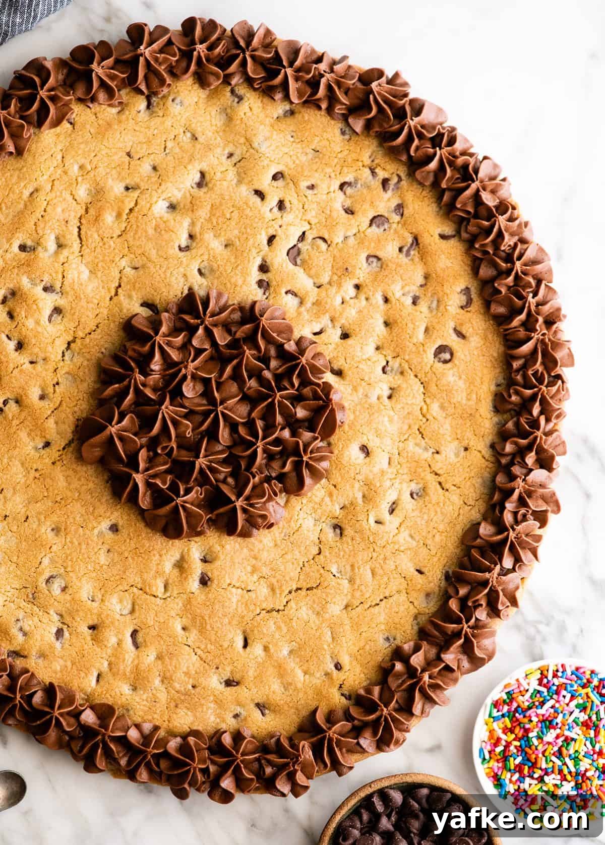 overhead photo of a chocolate chip cookie cake with chocolate frosting