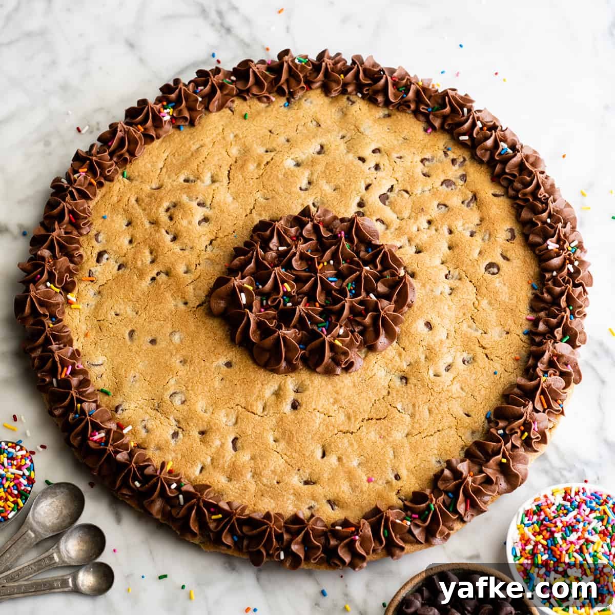 photo of a Chocolate Chip Cookie Cake decorated with chocolate frosting
