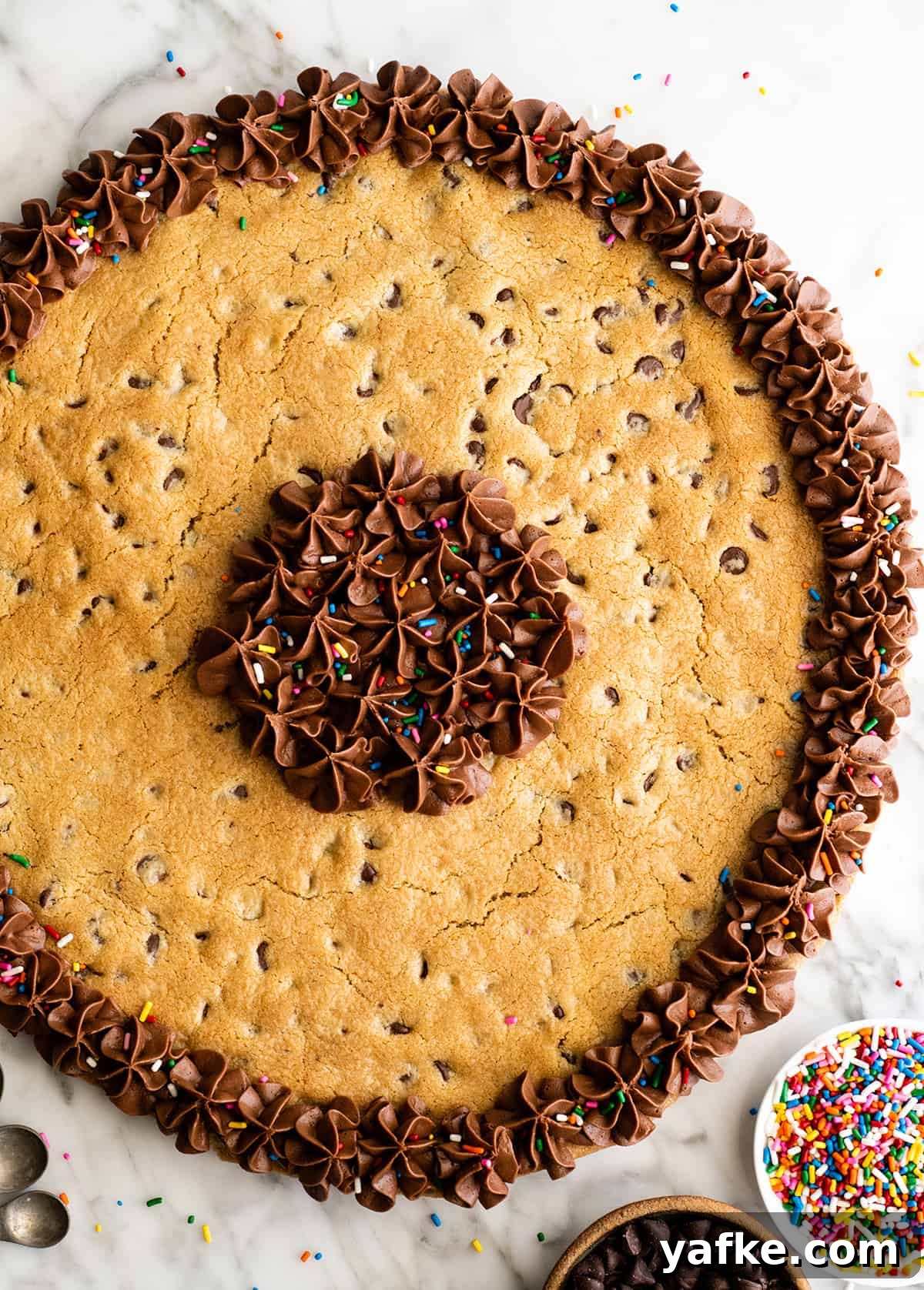 overhead view of a Chocolate Chip Cookie Cake with chocolate frosting