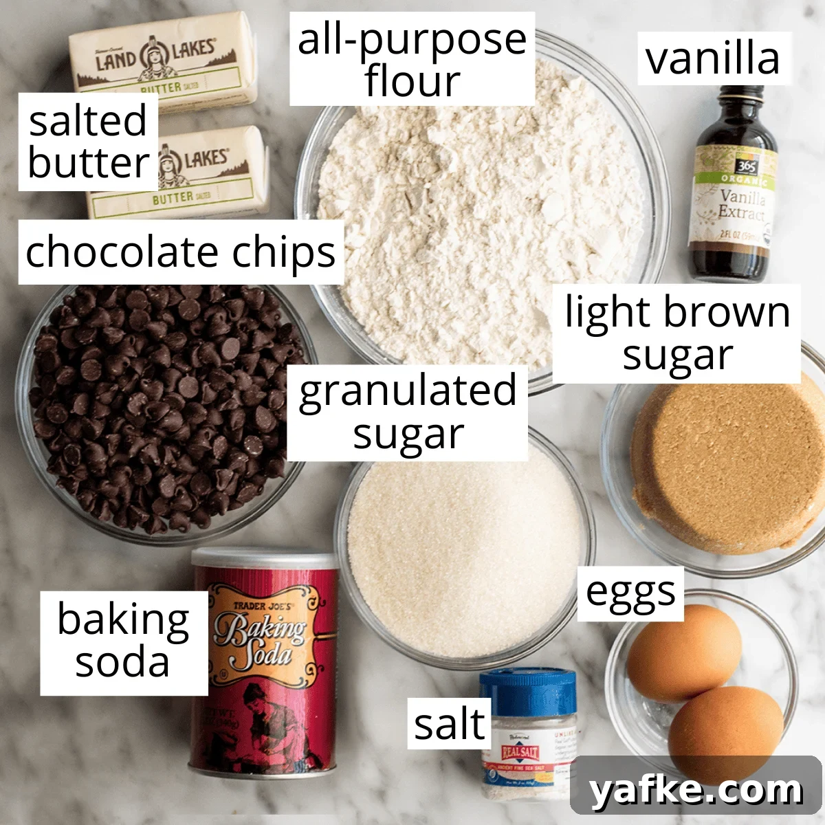 overhead photo of the ingredients in this chocolate chip cookie cake recipe in bowls and labeled like flour, sugar, brown sugar, eggs, salt, baking soda, vanilla, butter and chocolate chips
