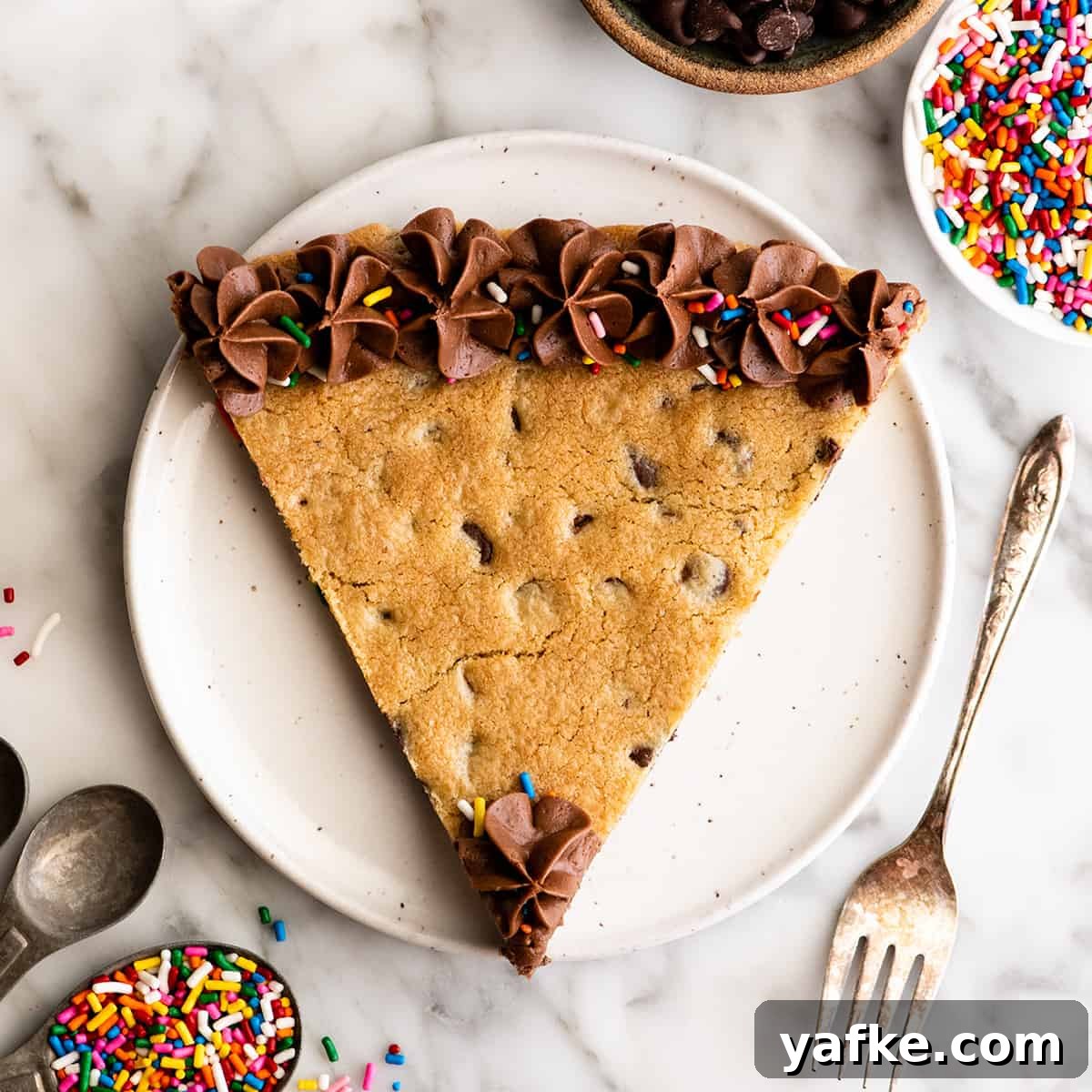 overhead view of a piece of Chocolate Chip Cookie Cake