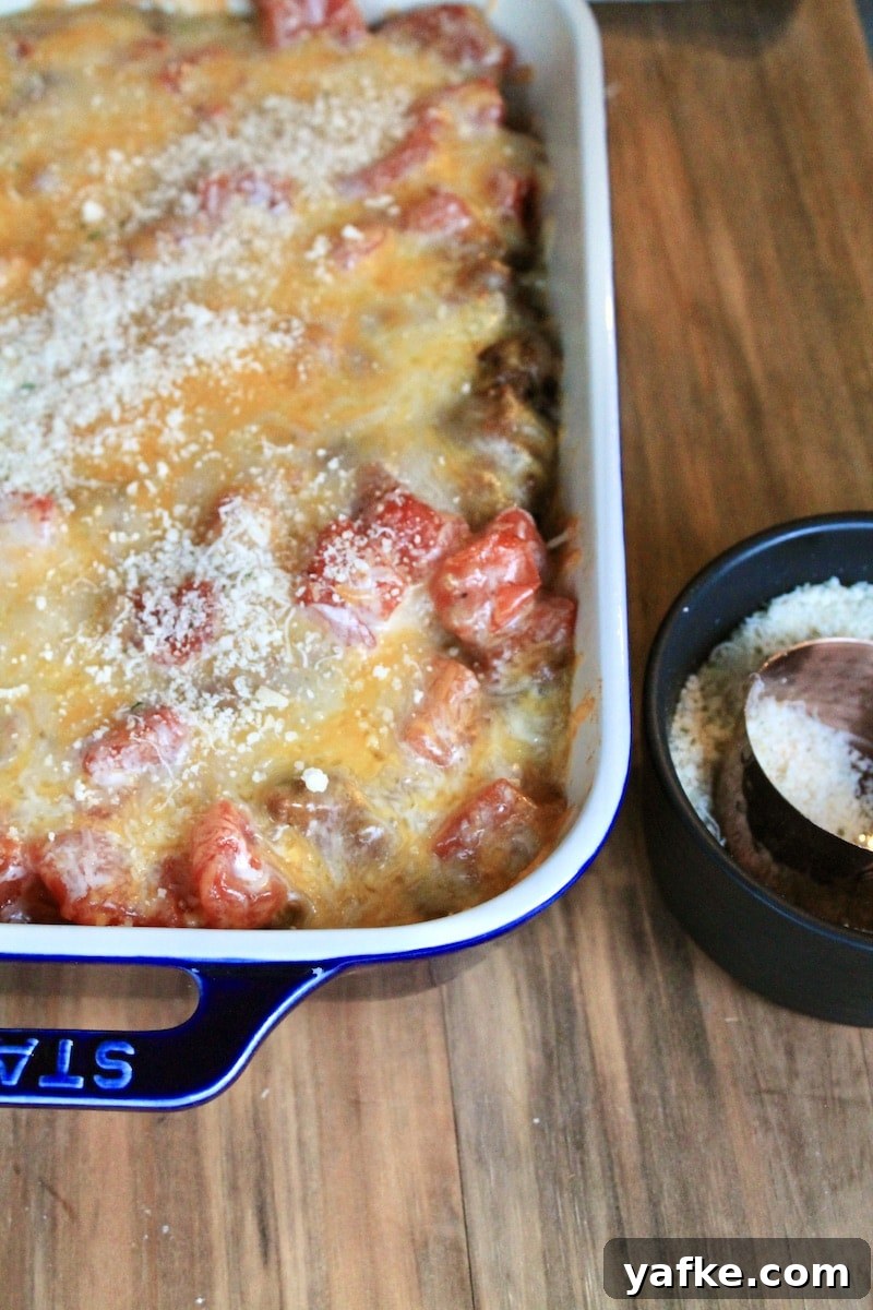 Cheesy Leftover Taco Meat Pasta Casserole 10 remove foil and sprinkle on parmesan cheese and bread crumbs