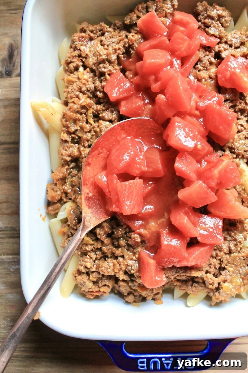 Cheesy Leftover Taco Meat Pasta Casserole 5 add a can of diced tomatoes and juices to the taco meat