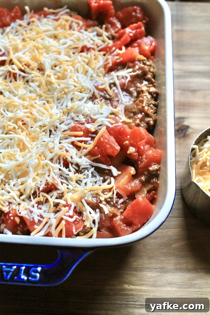Cheesy Leftover Taco Meat Pasta Casserole 7 sprinkle on mexican style cheese