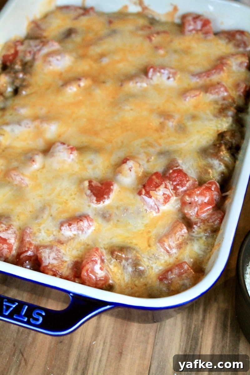 Cheesy Leftover Taco Meat Pasta Casserole 9 bake 30 minutes until hot and cheese is bubbling