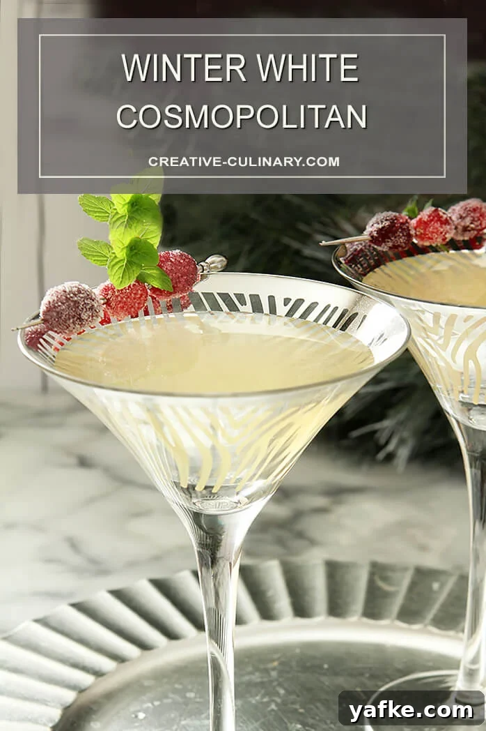 Winter White Cosmopolitan: Festive Vodka and Cranberry Cocktail 5 Winter White Cosmopolitan Cocktail Served in a Martini Glass