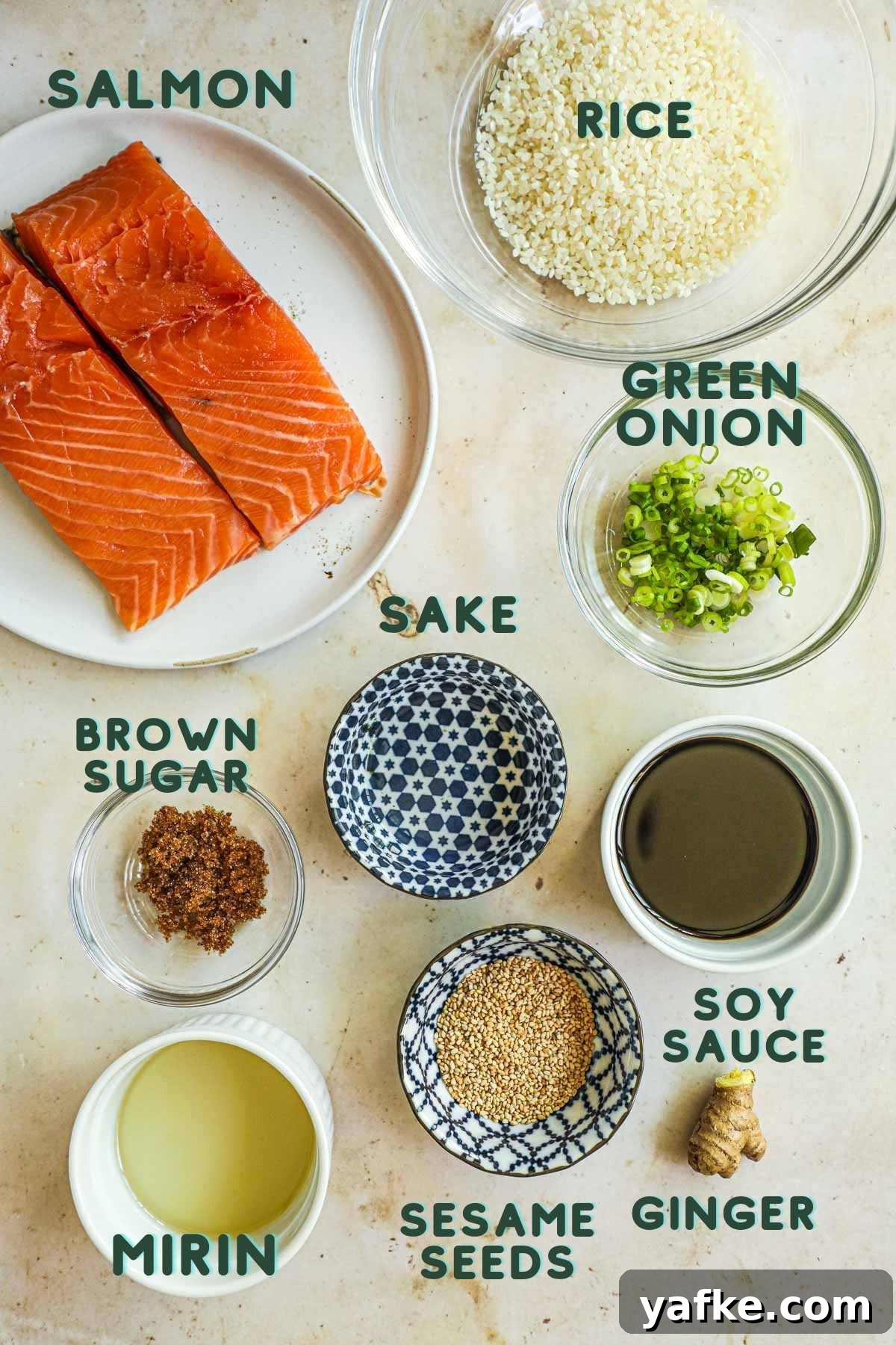 Teriyaki Salmon Donburi: Classic Japanese Rice Bowl 3 Ingredients to make teriyaki salmon rice bowls, including salmon, teriyaki sauce, rice, ginger, sesame seeds, and green onions.
