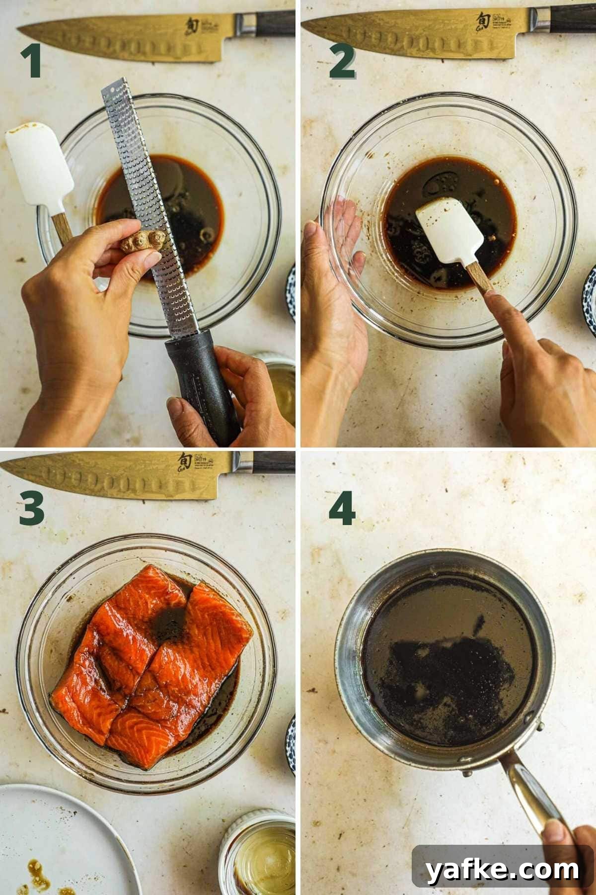 Teriyaki Salmon Donburi: Classic Japanese Rice Bowl 4 Steps to make teriyaki salmon bowls, including making the rice, the homemade teriyaki sauce, marinating the salmon, and making the teriyaki glaze.