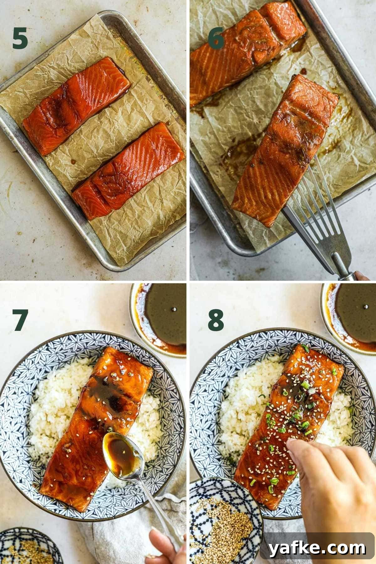 Teriyaki Salmon Donburi: Classic Japanese Rice Bowl 5 Steps to make salmon teriyaki rice bowls, including baking the salmon, serving the rice, adding the salmon to the bowl, drizzling with glaze, and sprinkling green onion and sesame seeds.
