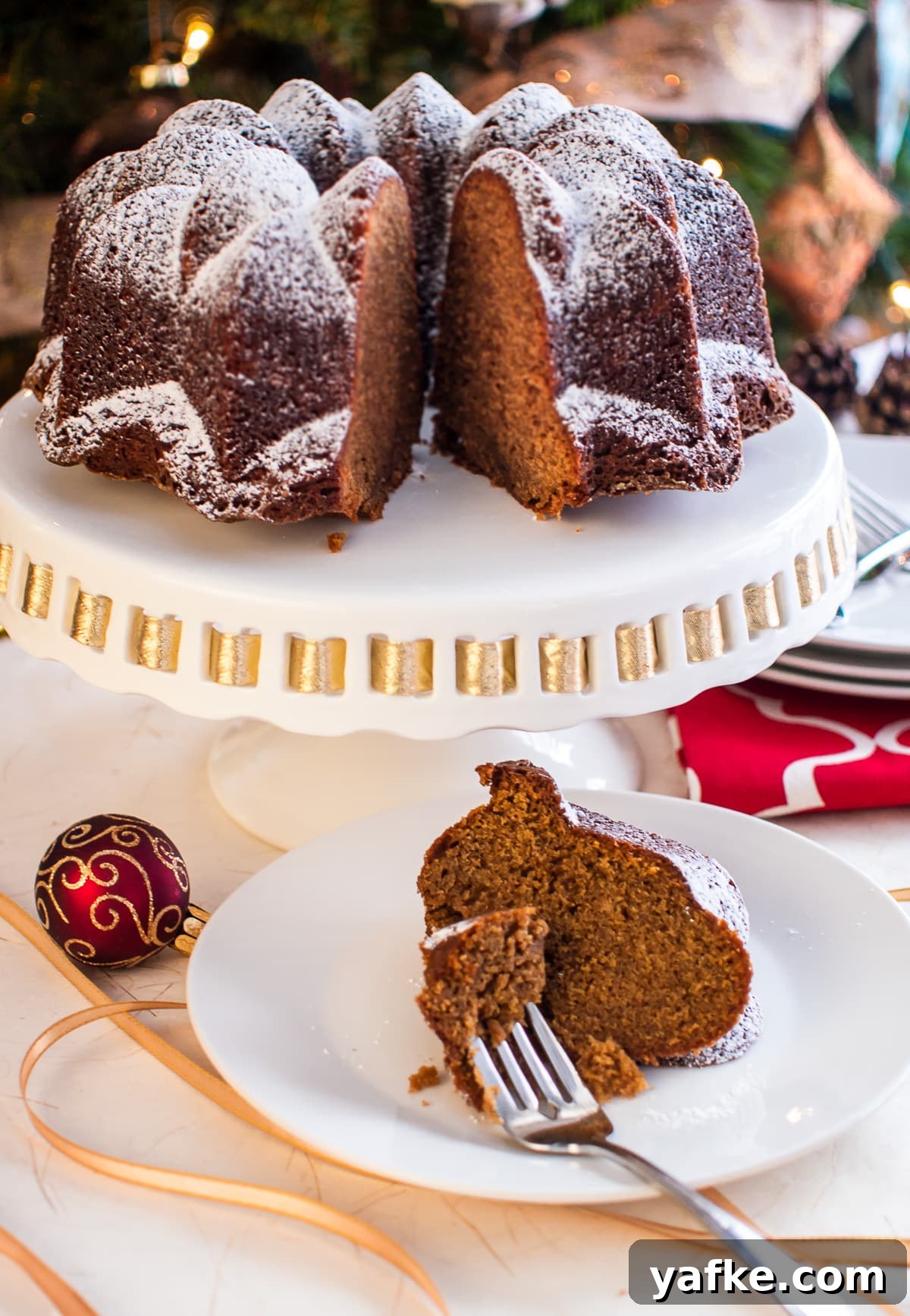 Gingerbread Bundt Cake with Warm Spiced Glaze 4 Gingerbread cake on cake stand.